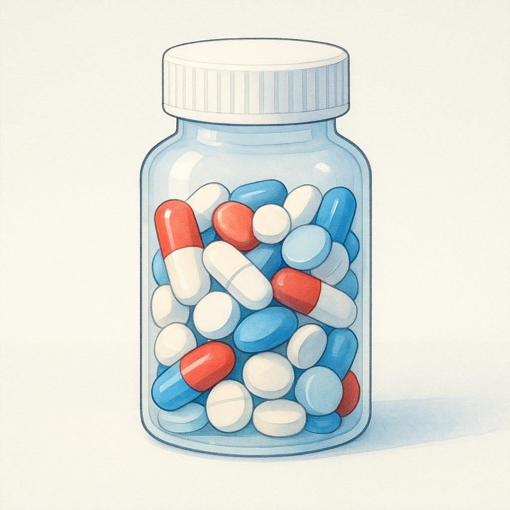 A clean, transparent plastic bottle filled with assorted medical capsules and tablets, representing pharmaceutical drugs.
