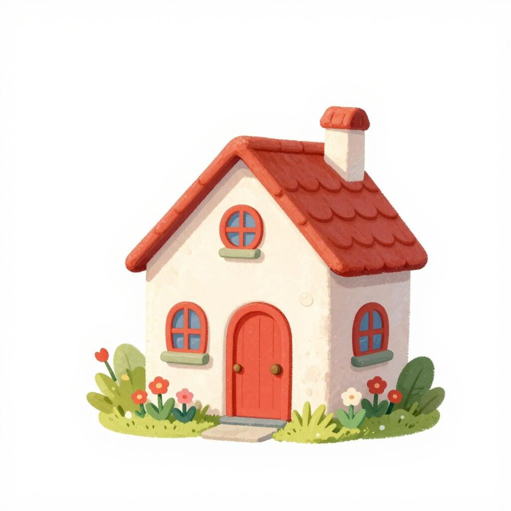 Une petite maison de campagne, confortable et charmante, avec un petit jardin et une porte d'entrée colorée.