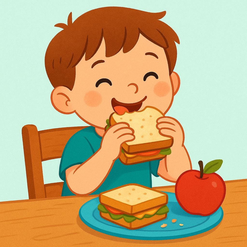 Uma ilustração simples de livro infantil de uma criança sentada a uma mesa de madeira, comendo alegremente um sanduíche e uma maçã, representando a refeição do meio-dia.