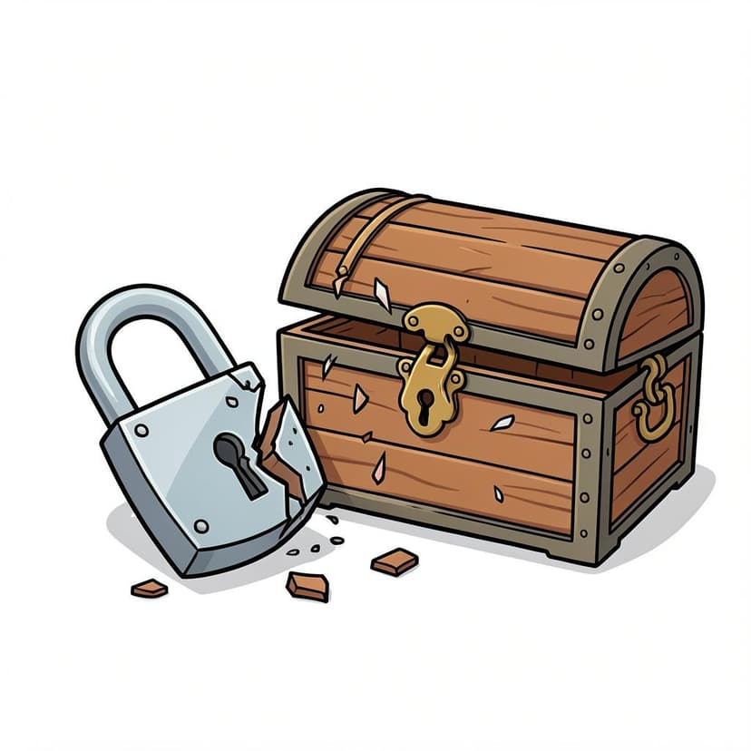A heavy metal padlock on a wooden chest that has been snapped open by a crowbar.
