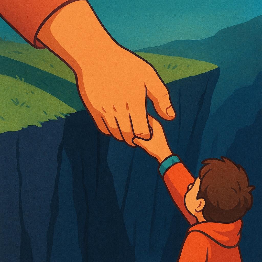 A depiction of rescue, showing a strong hand reaching down from above to grasp a smaller hand that is reaching up from a dark, steep ravine.