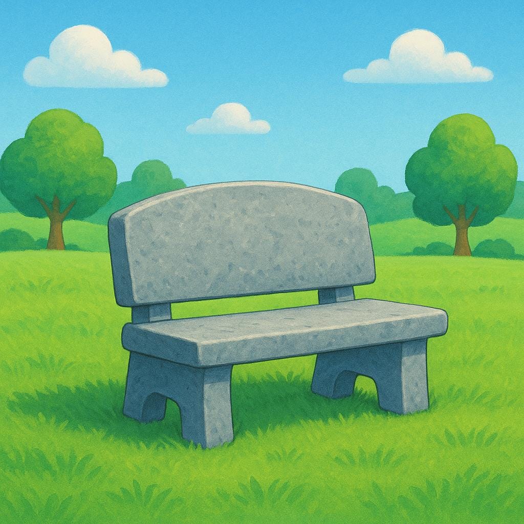 Prosta ilustracja dużej, solidnej kamiennej ławki stojącej nieruchomo w trawiastym parku, symbolizującej pozostawanie w stałym stanie lub miejscu.