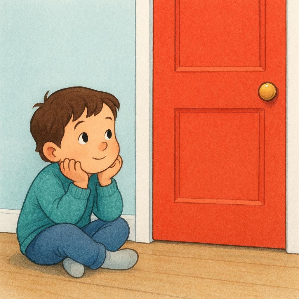 A young child sits patiently on the floor next to a closed red door, resting their chin on their hands, looking toward the door with an expression of hopeful anticipation, representing something awaited.