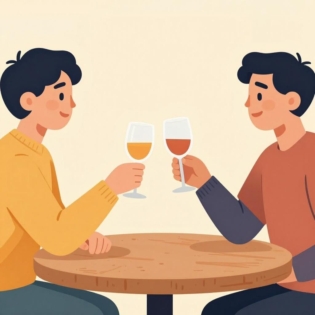 Two adults at a dinner table clinking fancy glasses together.