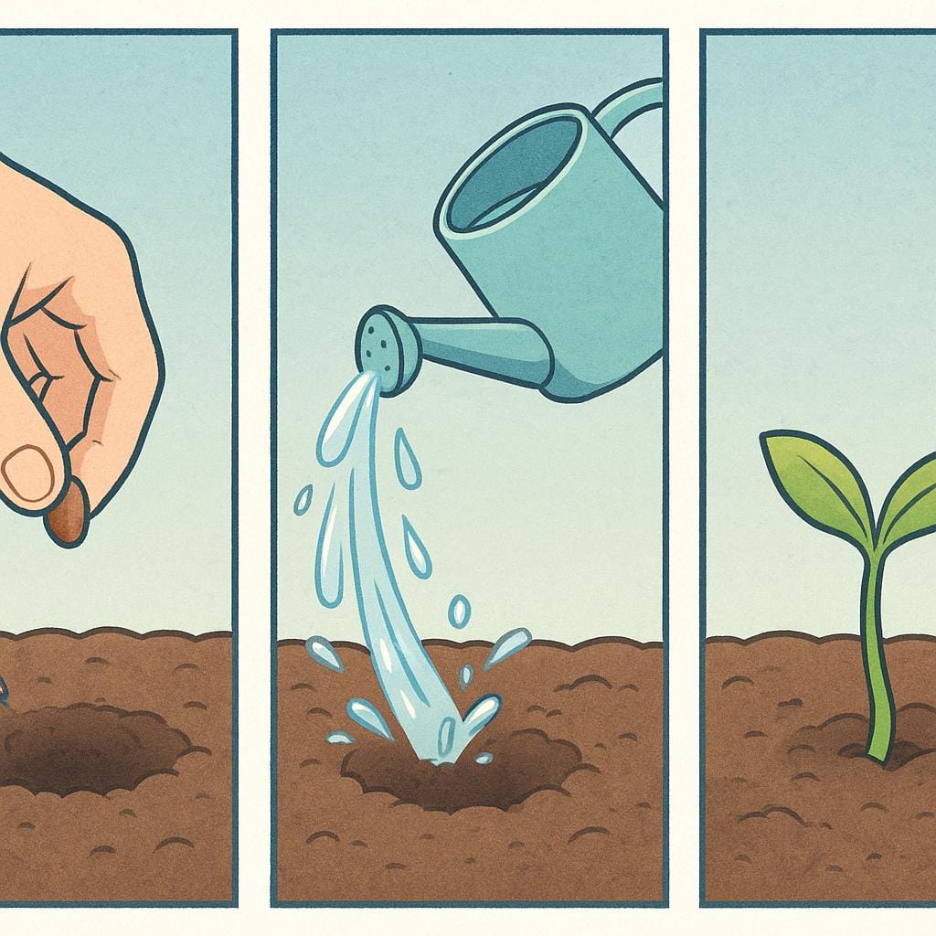 A simple illustration showing three sequential steps: a hand planting a seed in soil, followed by a watering can pouring water, and finally a small green sprout emerging from the soil, representing a sequence of actions.