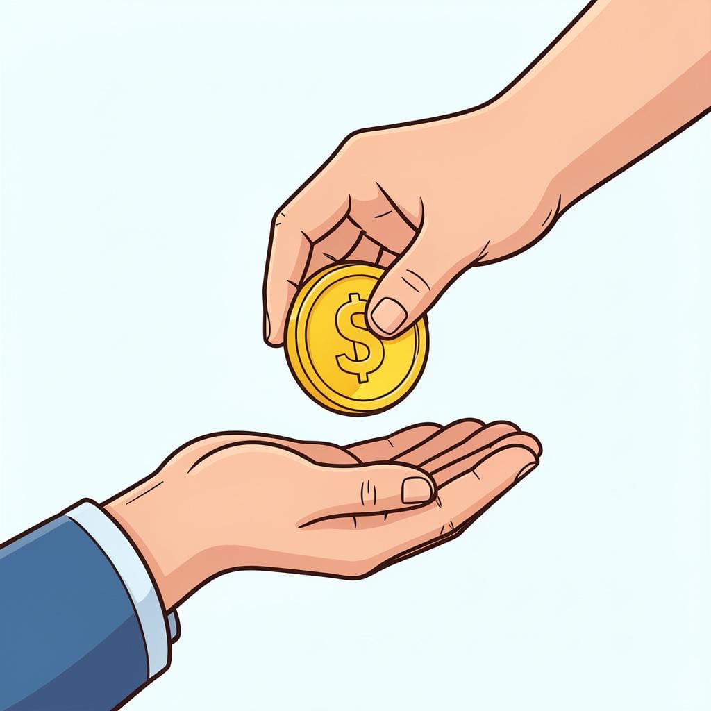 A hand passing a gold coin to another hand to pay for a service.
