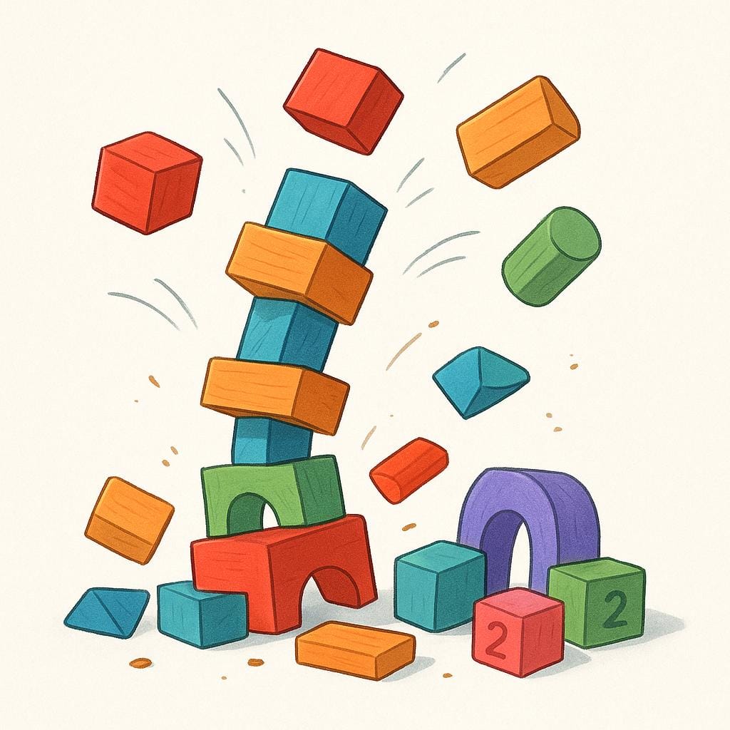 A small tower built of colorful wooden blocks is collapsing and scattering across the floor, illustrating a failure.