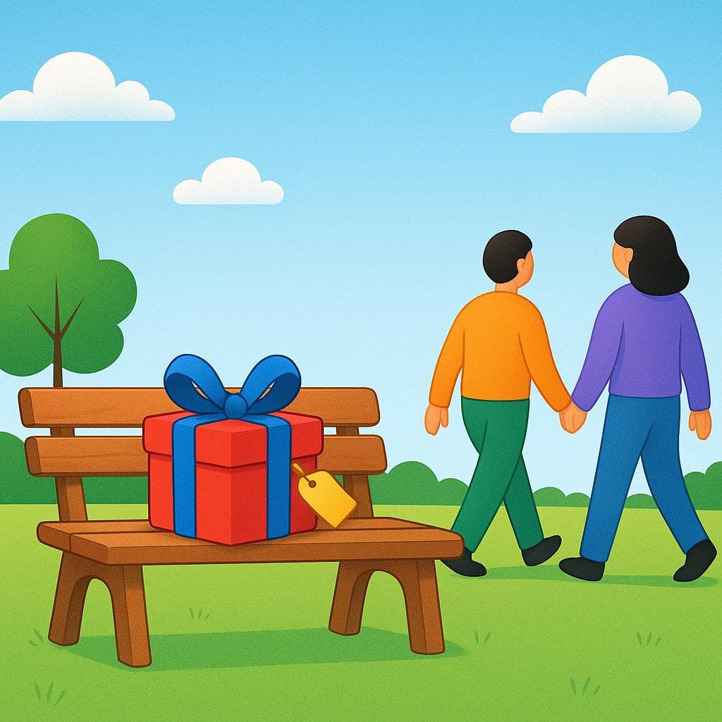 Deux personnages s'éloignent d'un seul cadeau emballé aux couleurs vives, laissé seul sur un banc en bois, illustrant l'action de laisser quelque chose derrière soi.