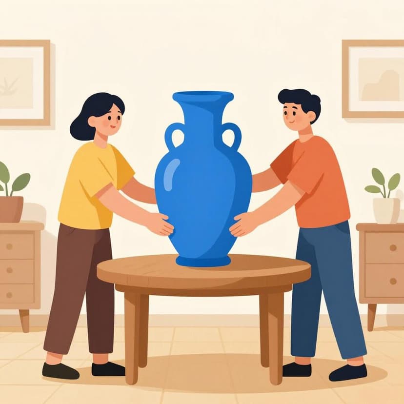 Two people are shown together placing a large, bright blue vase onto a wooden table.