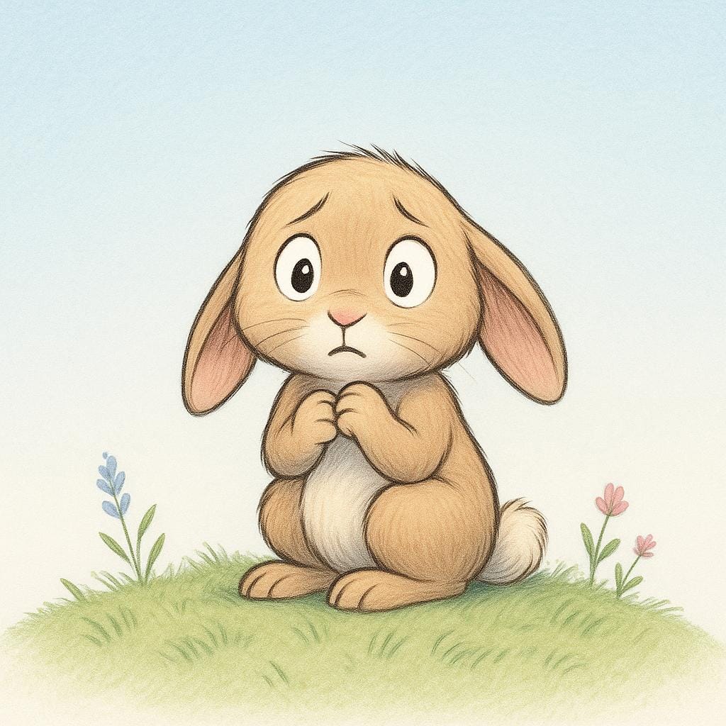 A small, wide-eyed rabbit sitting alone, gripping its paws tightly, conveying a feeling of worry and nervousness.