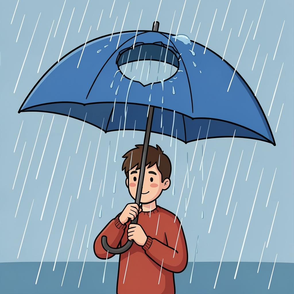 A rainy day with a single large umbrella that has a big hole in the top, letting water through.