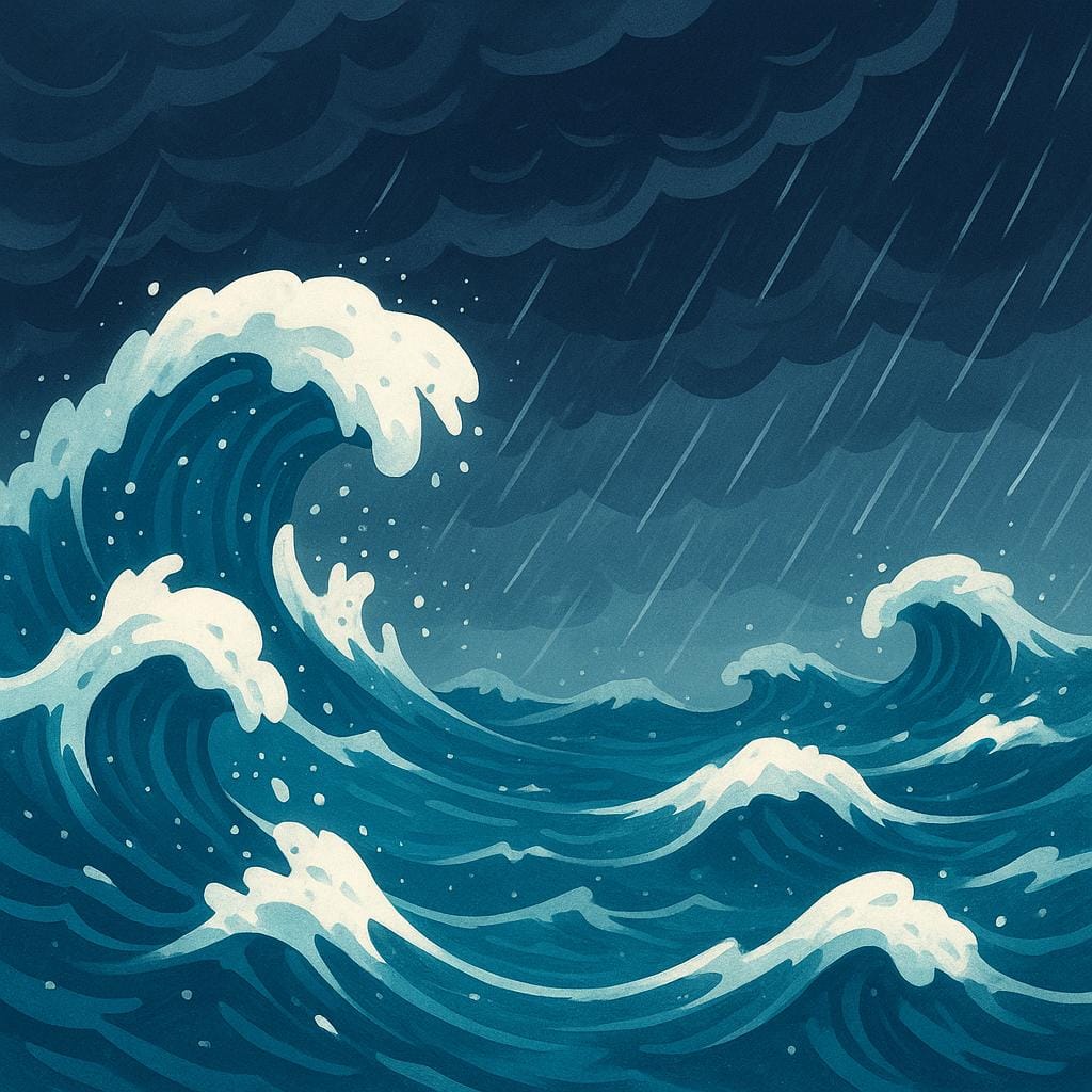 A simplified illustration of a violent, intense storm over the ocean, showing huge crashing waves and dark, swirling clouds.