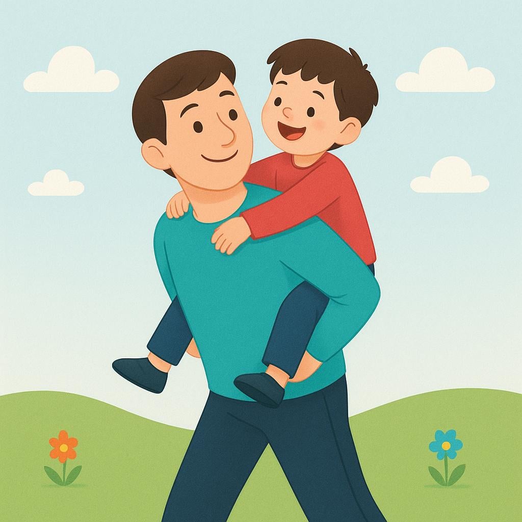 A colorful illustration of an adult carrying a small child on their back in a piggyback ride.
