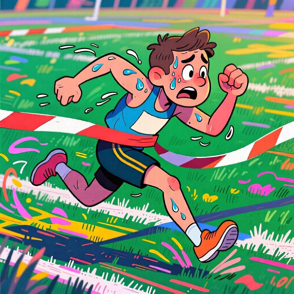 A cartoon athlete sprinting across a finish line with visible effort and determination, showing maximum exertion or 'as much as possible'.