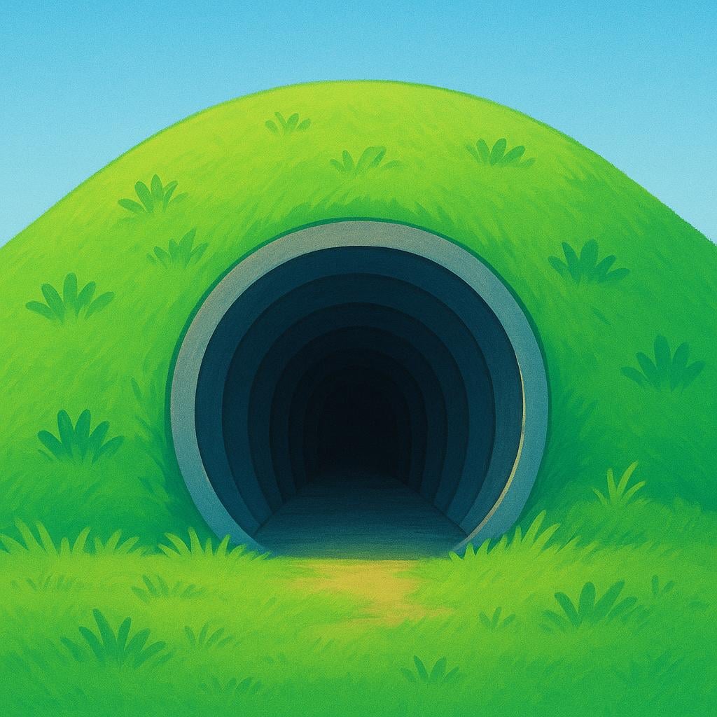 A dark, circular tunnel entrance carved into a steep green hillside, illustrating an underground passage.
