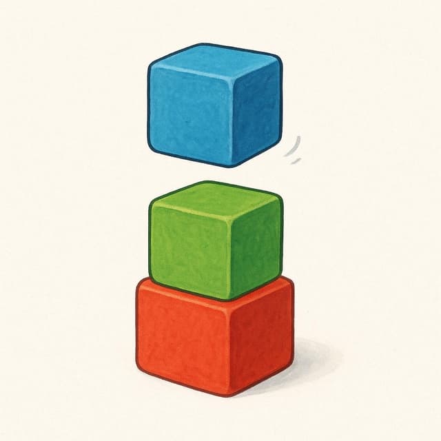 Tre blocchi geometrici distinti e colorati che si muovono insieme per impilarsi e creare una semplice struttura a torre.