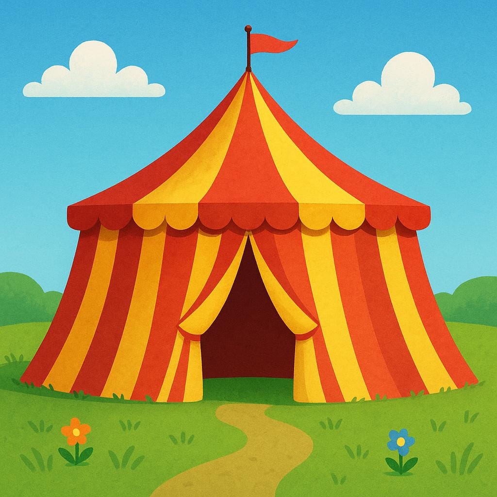 A large, iconic red and yellow striped circus tent with a pennant flag on top, set against a blue sky.