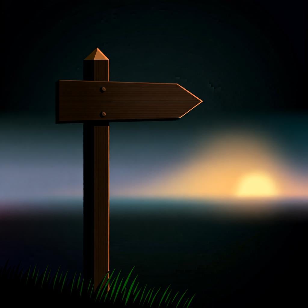 A signpost with an arrow pointing forward towards a distant, hazy horizon, suggesting the future.