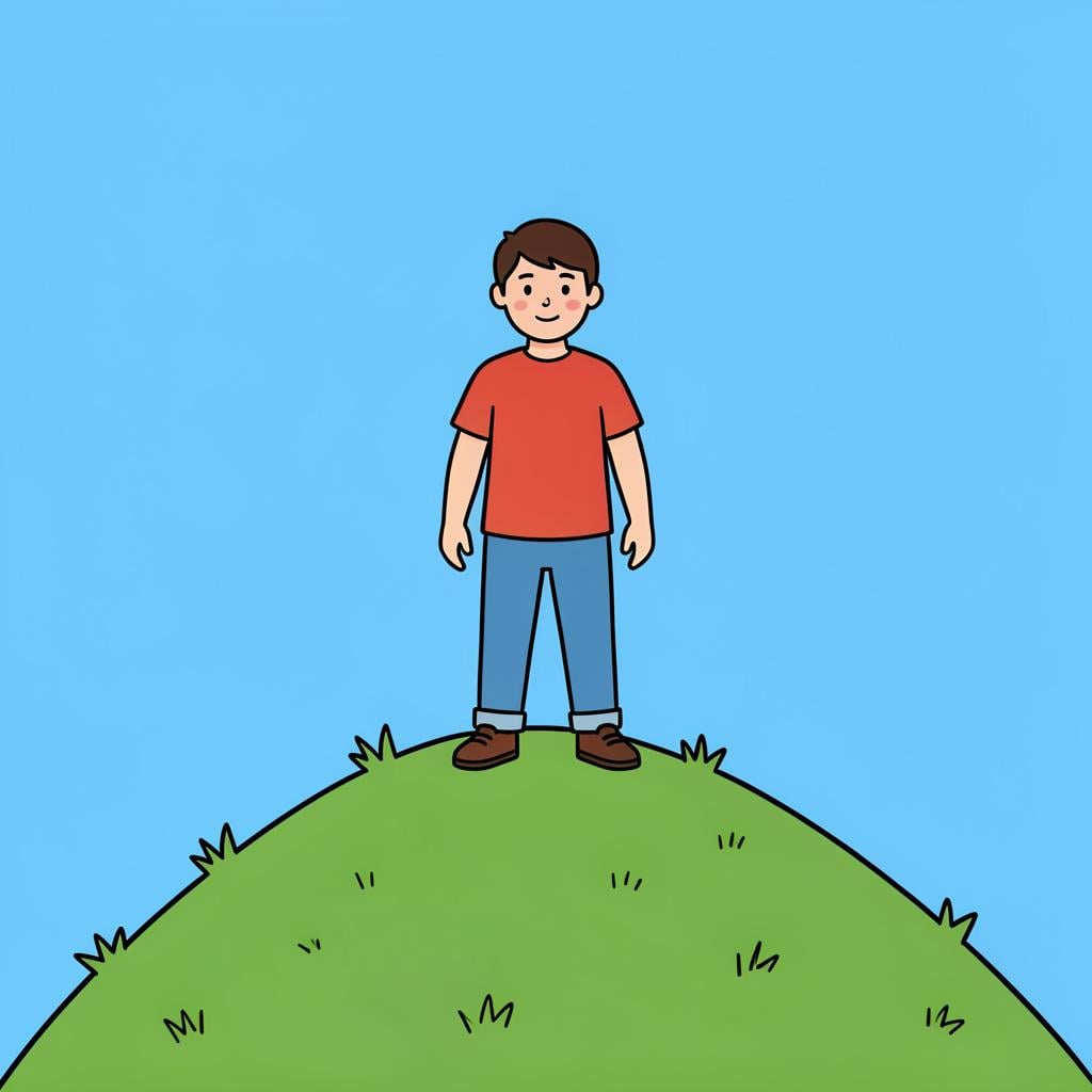 A person standing on top of a small green hill looking at the horizon.