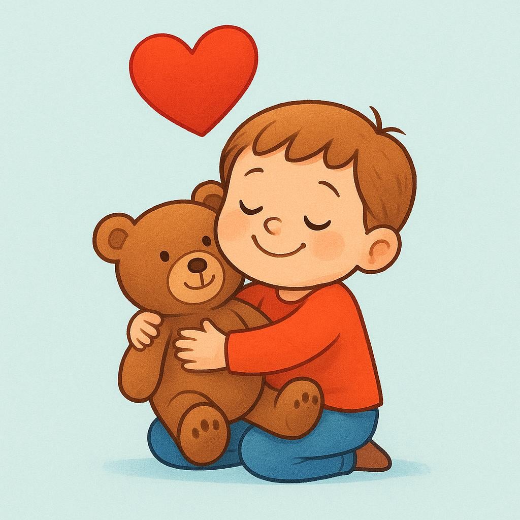 A simple red heart symbol floating above a small child who is happily hugging a soft teddy bear, illustrating the definition or meaning of the symbol.