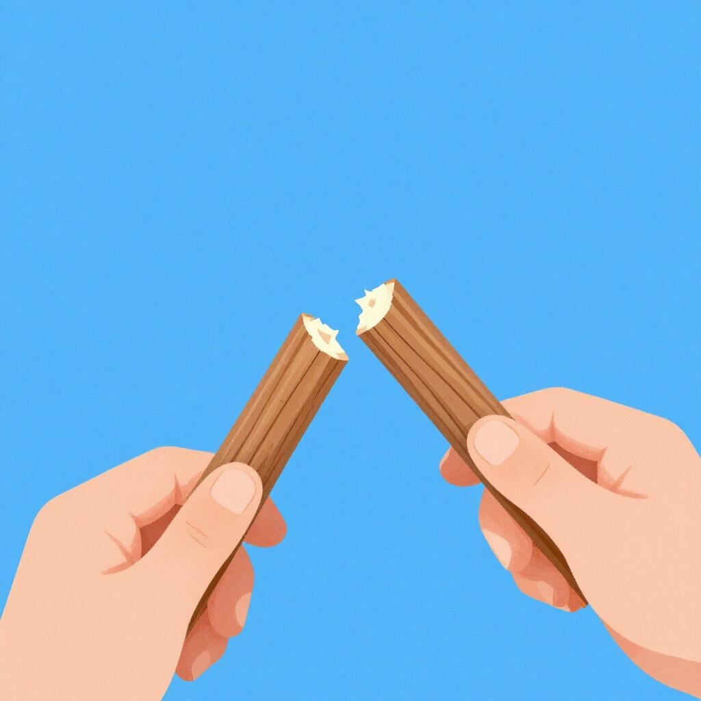 A hand holding a wooden stick that is snapping in the middle.