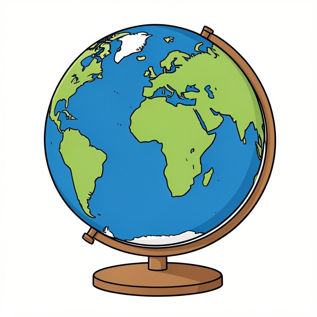 A spherical model of the Earth on a wooden stand.