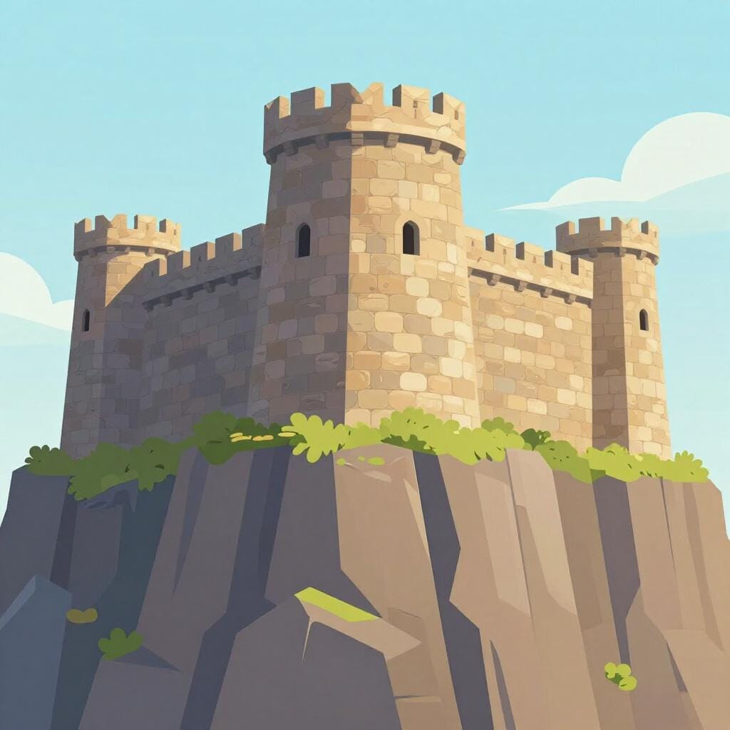 Une forteresse de pierre imposante sur une falaise haute, intacte par les vagues déferlantes en dessous.