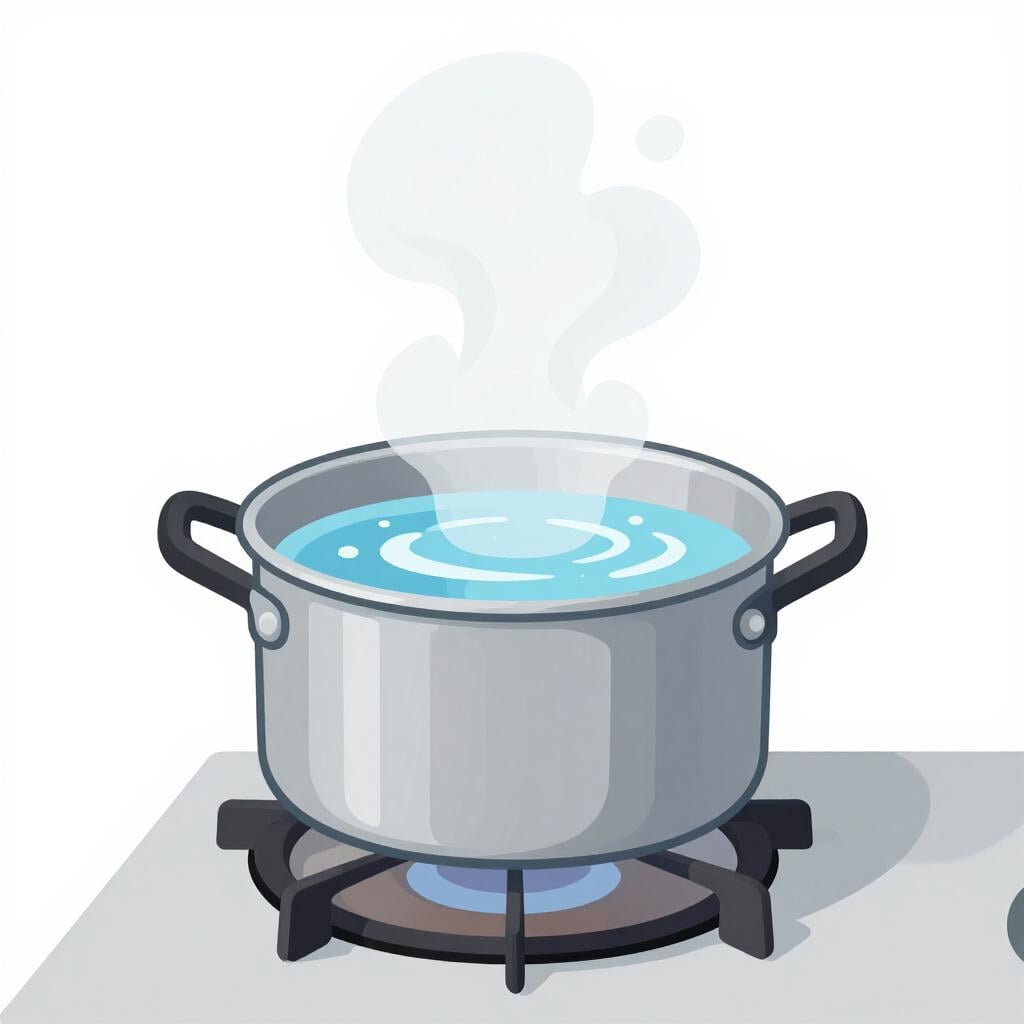 A pot of water on a stove with large bubbles rising to the surface and steam coming off the top.