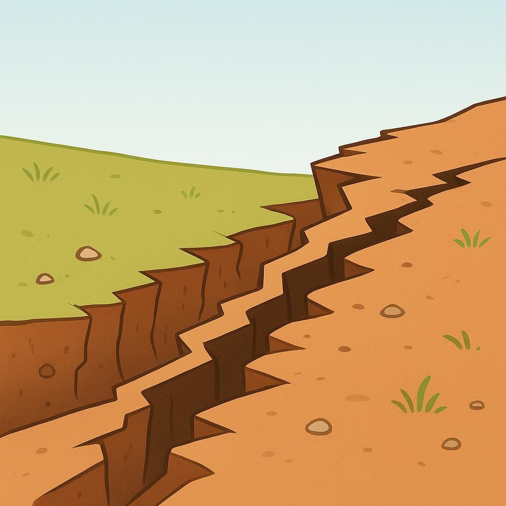 A large, jagged crack running through brown earth, with the ground on one side slightly elevated and displaced, illustrating seismic activity.