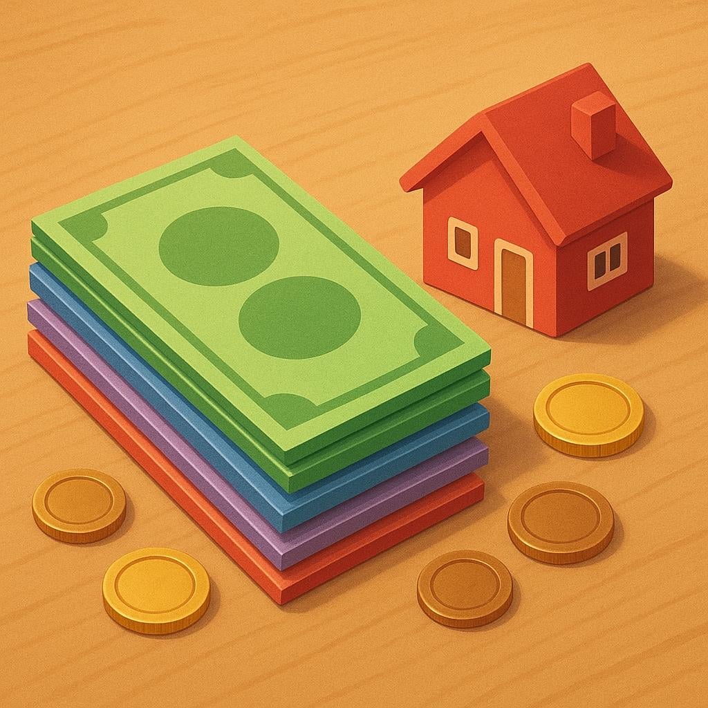 A stack of colorful currency bills and coins placed next to a miniature, simplified red house illustration, symbolizing payment for housing.