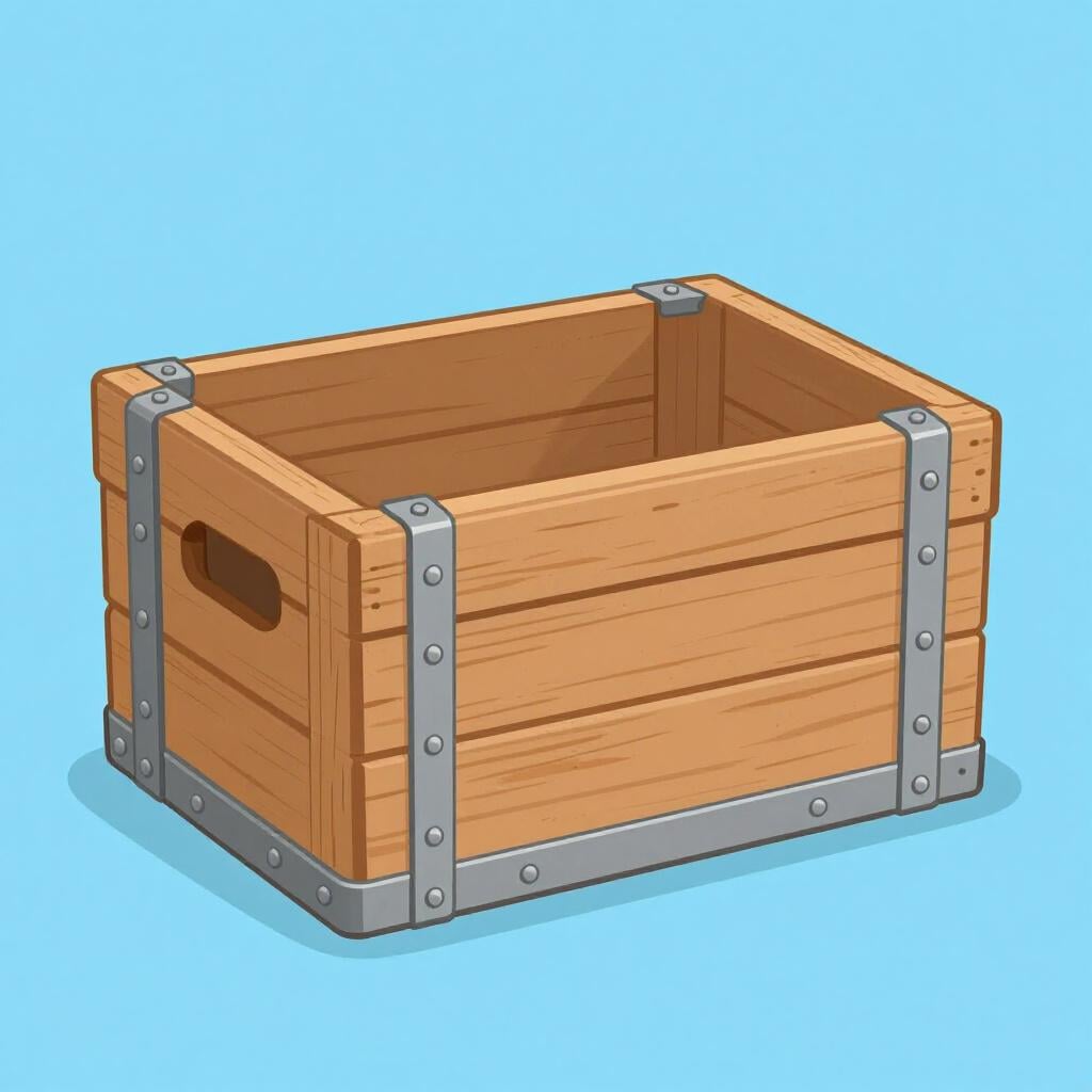 A wooden crate with extra metal strips bolted onto the corners for added strength.