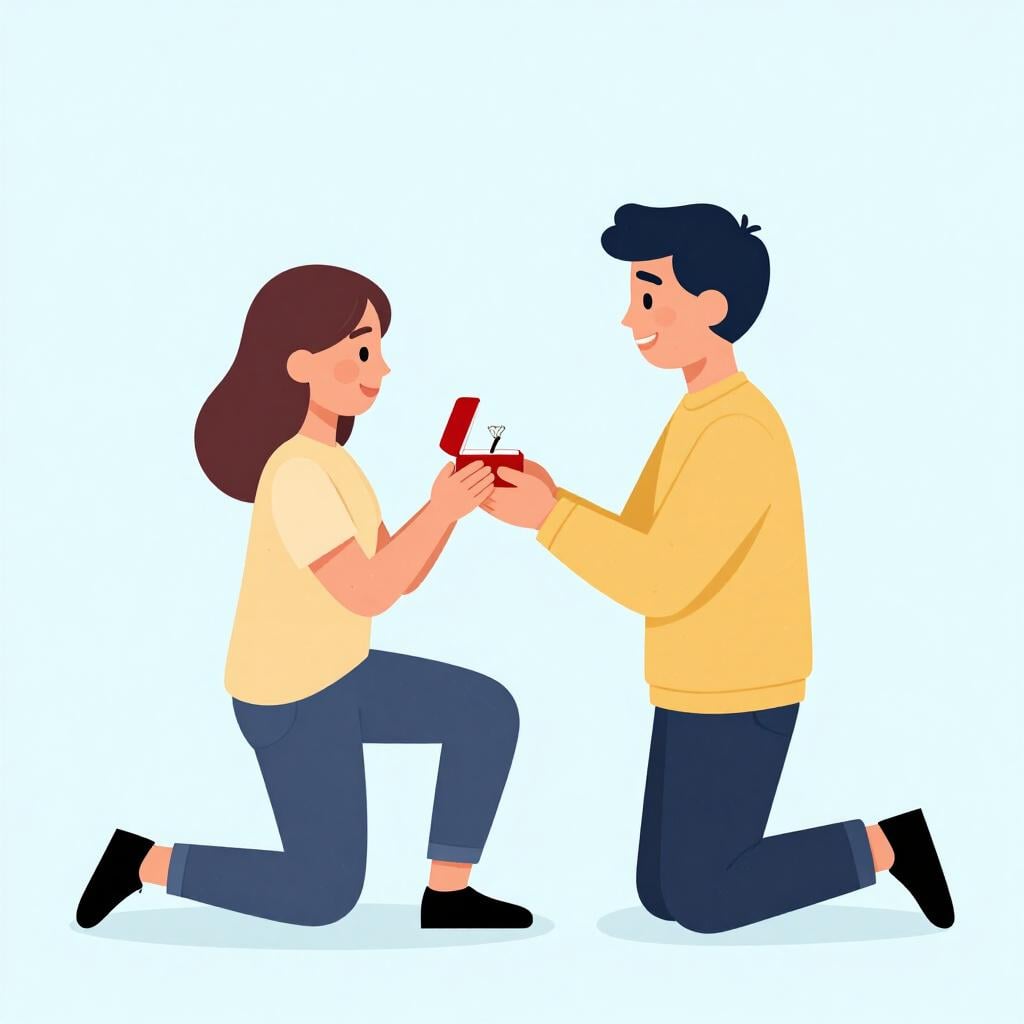 A person holding an open velvet box containing a sparkling ring while another person reacts with joy.