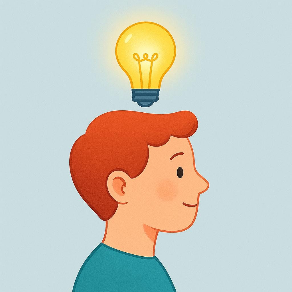 A simplified illustration of a person's head in profile with a brightly glowing yellow lightbulb hovering directly above it, symbolizing intellect and capacity for thought.