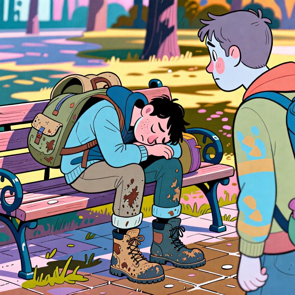 A traveler with a worn backpack is slumped asleep on a park bench. A second figure looks at the traveler with an expression of understanding, representing a logical guess or supposition.
