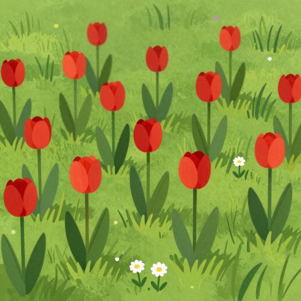 Un campo di molti fiori rosso vivo con solo pochi piccoli fiori bianchi sparsi tra loro.