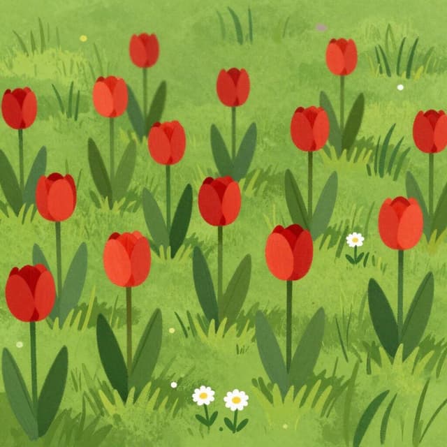 Een veld met veel felrode bloemen met slechts een paar kleine witte bloemen verspreid ertussen.