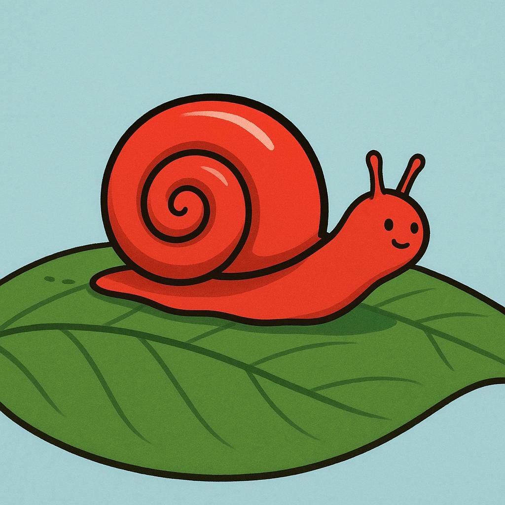 A bright red snail crawling very slowly across a large green leaf, illustrating slow physical movement.