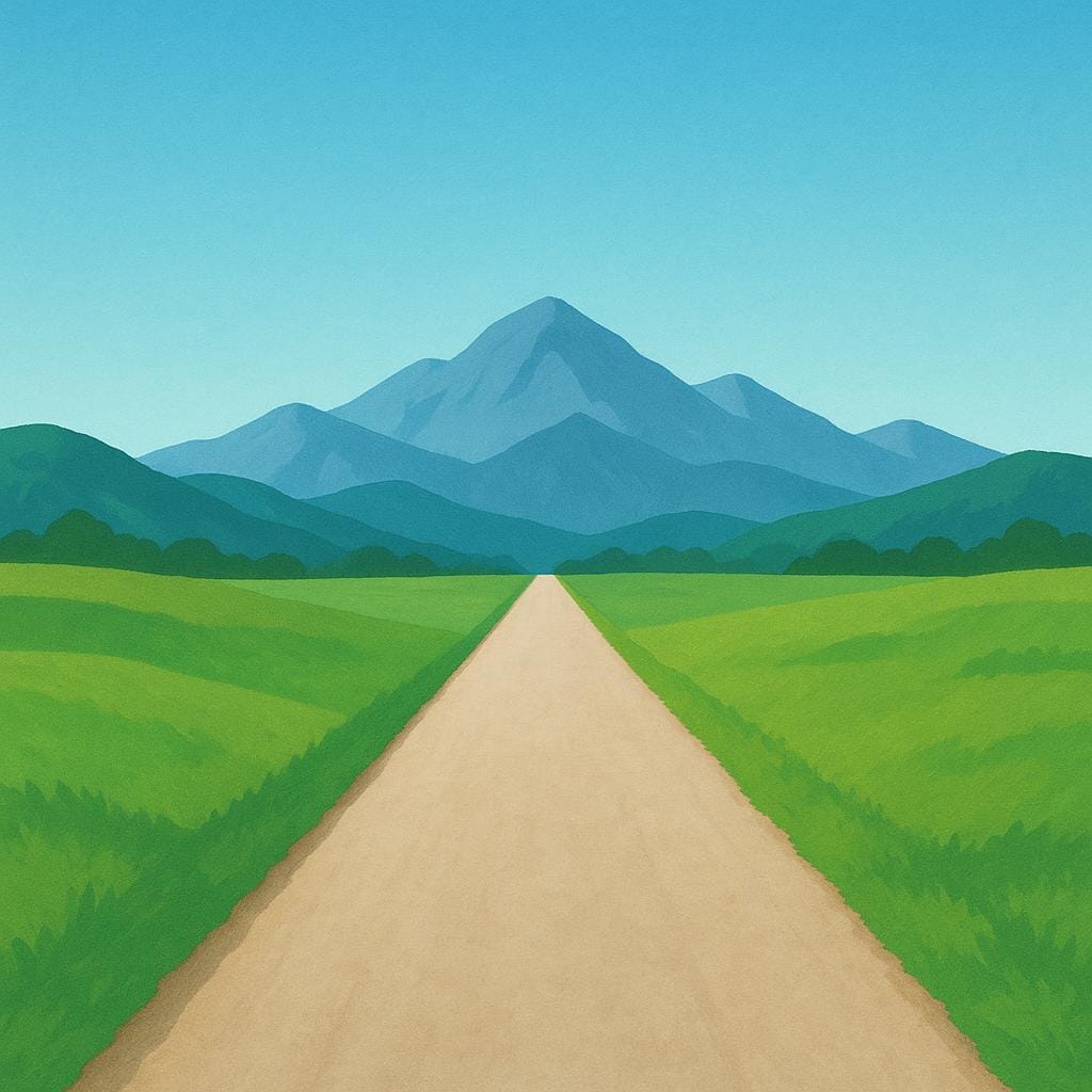 A simple storybook illustration of a straight, empty dirt path leading away from the viewer toward distant green hills and a bright blue sky, symbolizing the start of a journey.