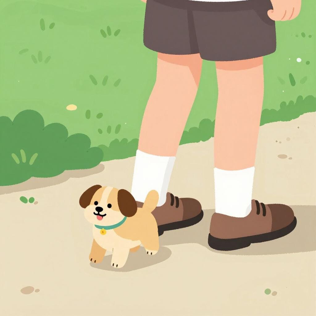 Een kleine, vriendelijke hond loopt op een pad dicht achter de benen van een persoon.