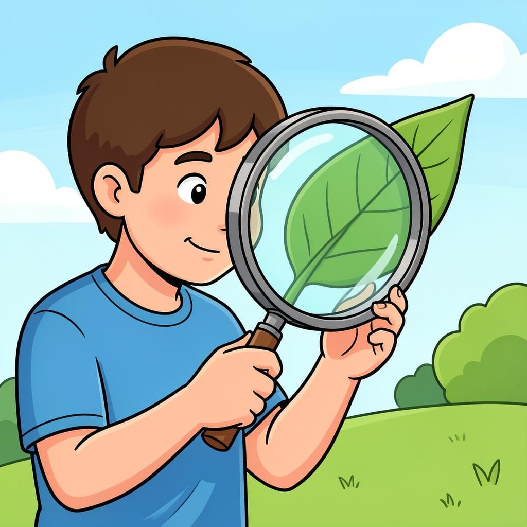 Uma pessoa usando uma lupa para olhar atentamente para uma folha verde brilhante.