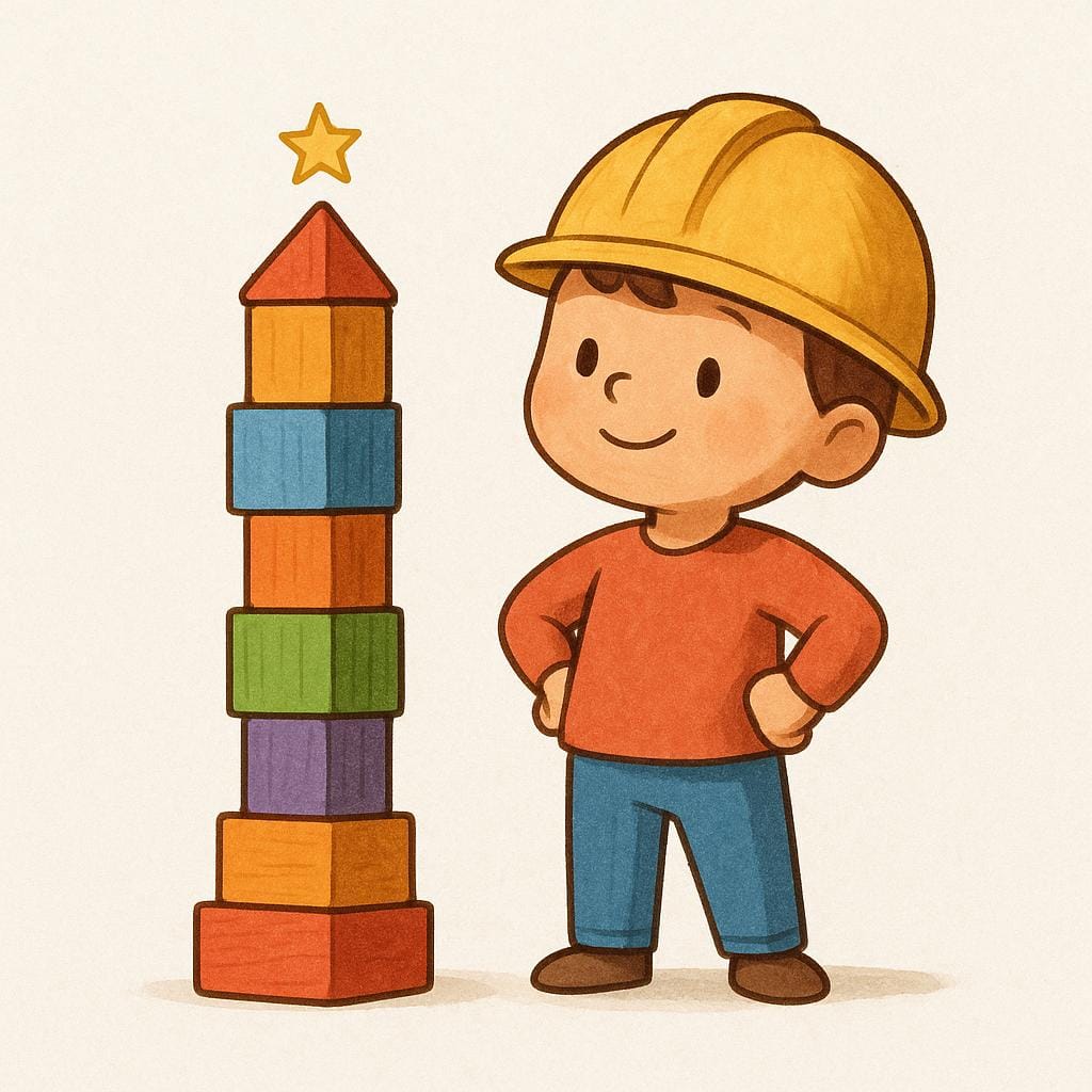 Uma pequena personagem orgulhosa ao lado de uma torre alta e perfeitamente construída com blocos de madeira coloridos, simbolizando uma tarefa ou dever que foi cumprido.