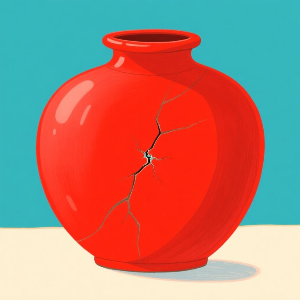 A large, perfectly smooth red ceramic vase with one tiny, barely noticeable crack on its surface, symbolizing a minor or slight flaw.
