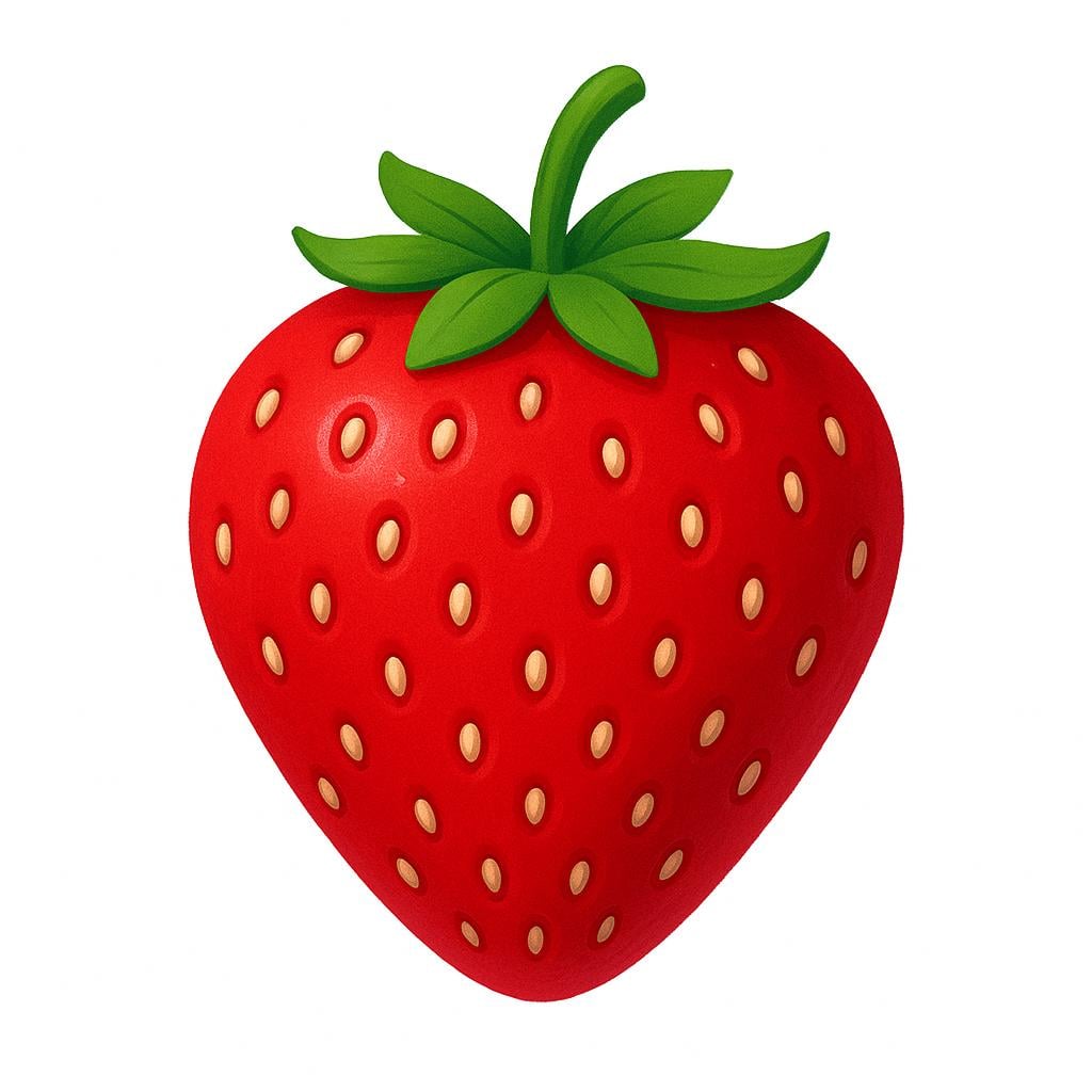 A single, intensely vibrant crimson strawberry, highly saturated, isolated on a clean white background.