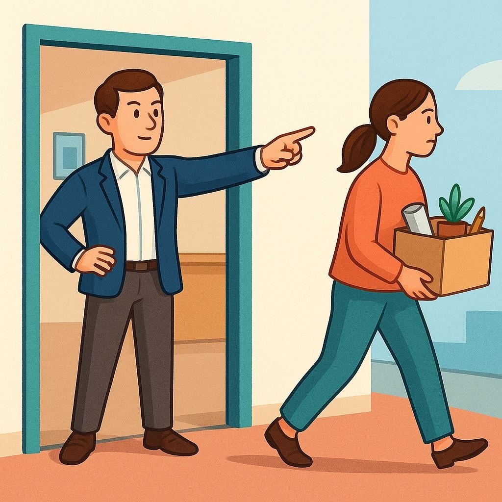 A storybook illustration showing one person pointing another person, who is carrying a box of personal items, away from an office entrance.