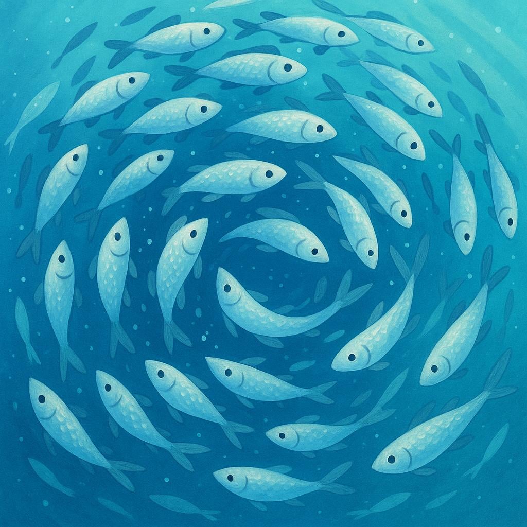 A large, dense group of small silver fish swimming closely together underwater in a swirling formation.
