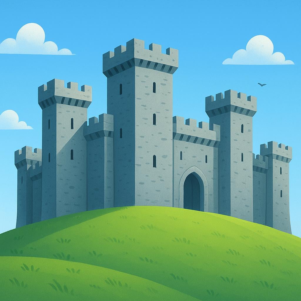 A massive, grey stone fortress with high defensive walls and several tall towers, situated prominently on a grassy hill.