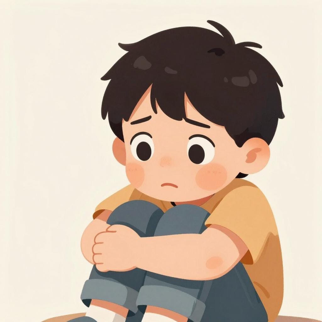 A drawing of a young child with wide, terrified eyes and a pale face, recoiling and trembling slightly, clearly depicting fear.