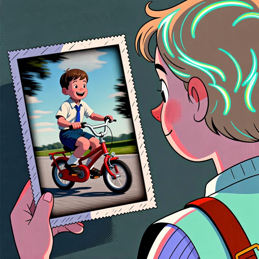 A drawing of a person looking at an old photo of themselves holding a bicycle, illustrating something they used to own.
