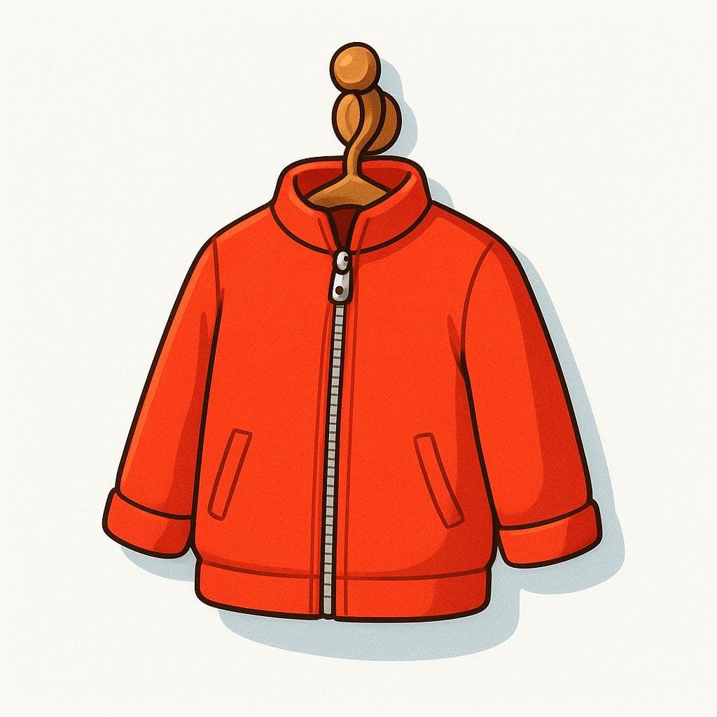 A bright red jacket with a zipper and pockets, hanging on a simple wooden hook.