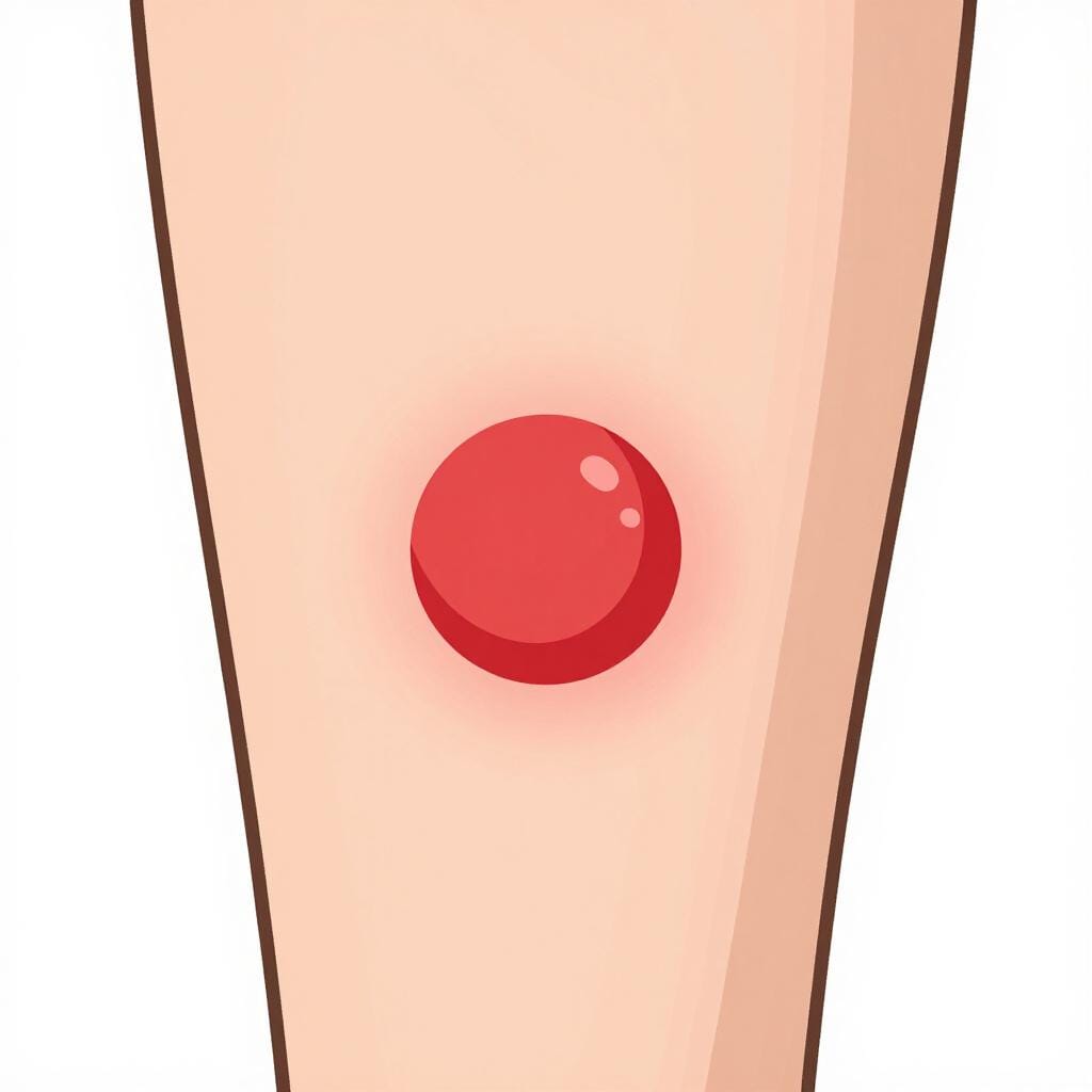A close-up illustration of a small, red, circular sore on a patch of skin.